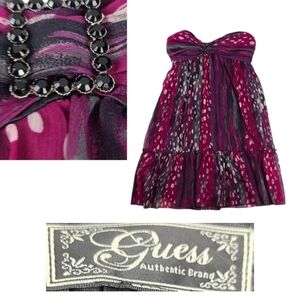 00's GUESS Dress Purple Black Polka Dot, Tie at Back, Strapless, Size 9